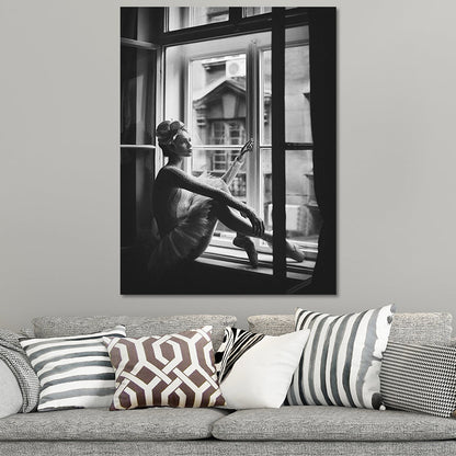Vivolux | Nostalgische Leinwand Wandkunst Graues Foto Balletttänzerin am Fenster Wanddekoration
