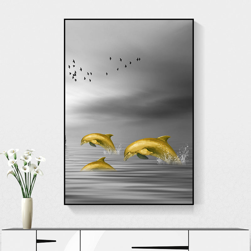 Vivolux | Glam Wandkunst Gold Delfin springt aus dem Meer Wasser gewickelte Leinwand für Zuhause