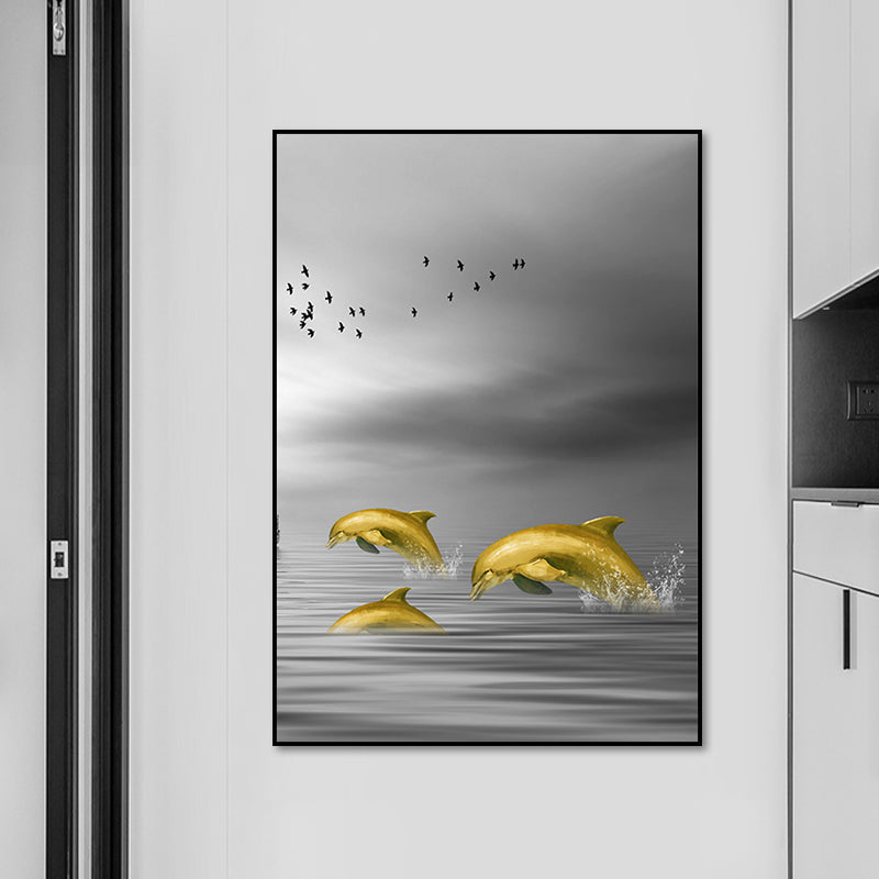 Vivolux | Glam Wandkunst Gold Delfin springt aus dem Meer Wasser gewickelte Leinwand für Zuhause