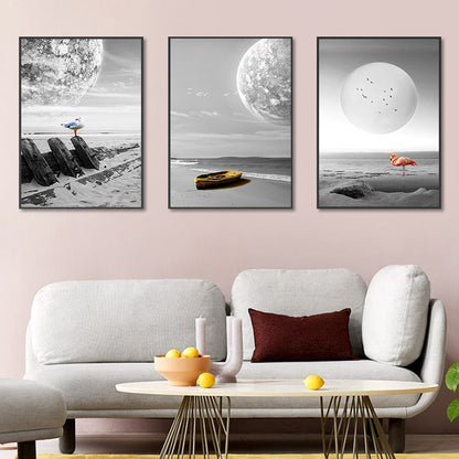 Vivolux | Seascape Wandkunst Set Moderne Sci-Fi Strand und schwebender Planet Eingewickelte Leinwand in Grau