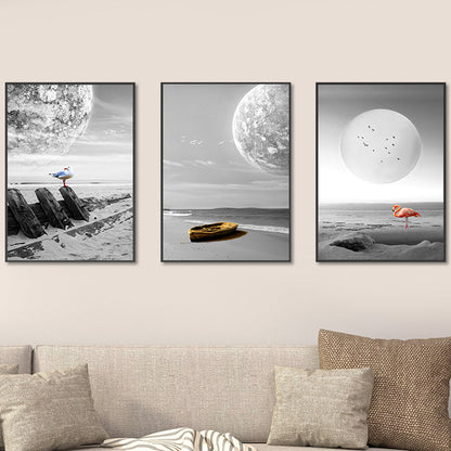 Vivolux | Seascape Wandkunst Set Moderne Sci-Fi Strand und schwebender Planet Eingewickelte Leinwand in Grau