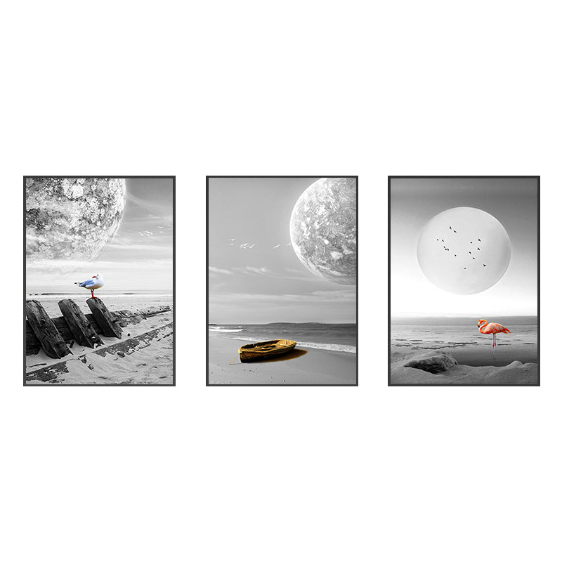 Vivolux | Seascape Wandkunst Set Moderne Sci-Fi Strand und schwebender Planet Eingewickelte Leinwand in Grau