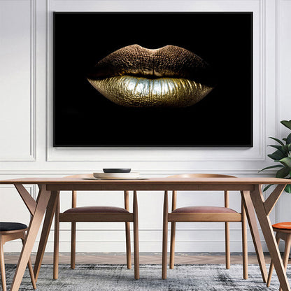 Vivolux | Moderne vrouwen lip wandkunstprint goud-zwart textuur oppervlak canvas voor de eetkamer