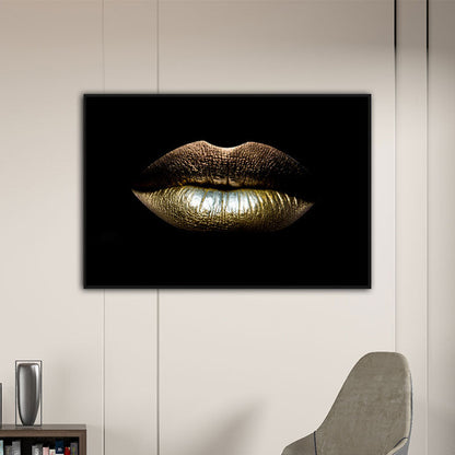 Vivolux | Moderne vrouwen lip wandkunstprint goud-zwart textuur oppervlak canvas voor de eetkamer