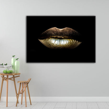 Vivolux | Moderne vrouwen lip wandkunstprint goud-zwart textuur oppervlak canvas voor de eetkamer