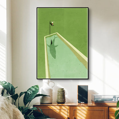 Vivolux | Leinwand Texturiertes Gemälde Skandinavisches Tauchen und Haifisch Wanddekoration in Grün für den Flur