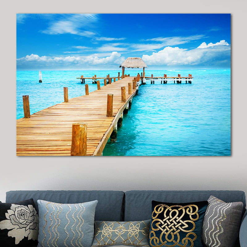 Vivolux | Pastel Kleur Moderne Wandkunst Houten Brug in Zee Landschap Canvas Print voor Thuis