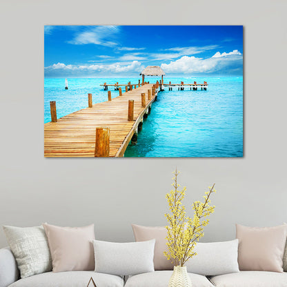 Vivolux | Pastel Kleur Moderne Wandkunst Houten Brug in Zee Landschap Canvas Print voor Thuis