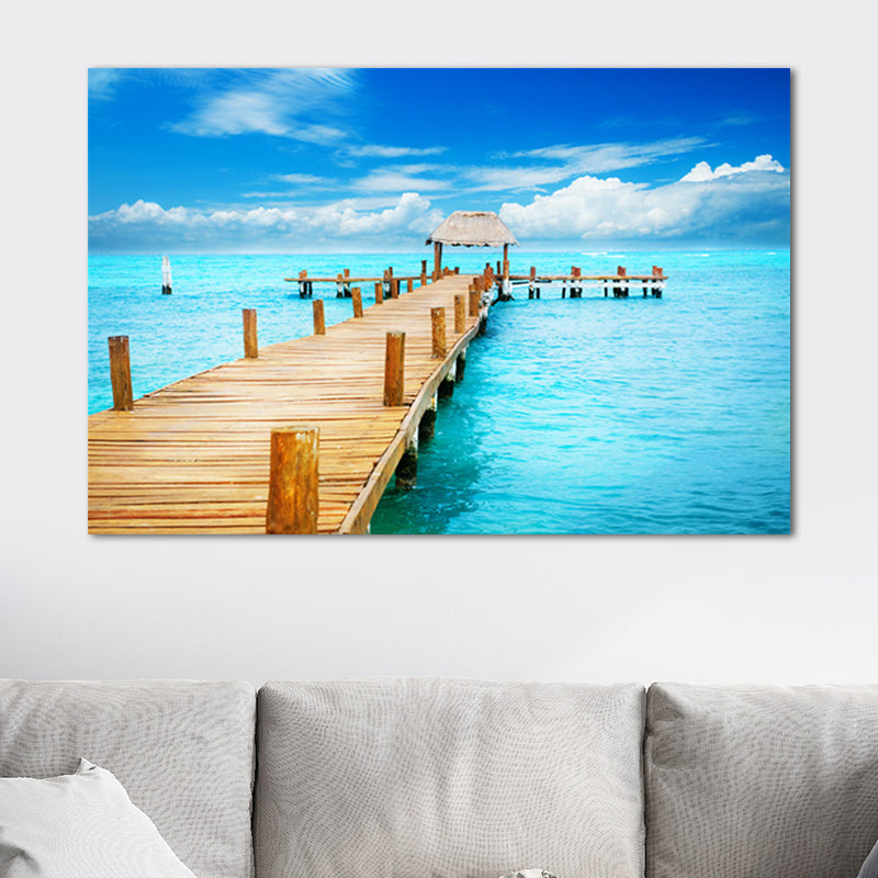 Vivolux | Pastel Kleur Moderne Wandkunst Houten Brug in Zee Landschap Canvas Print voor Thuis