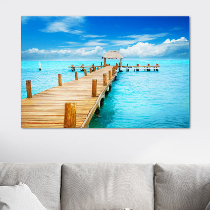 Vivolux | Pastel Kleur Moderne Wandkunst Houten Brug in Zee Landschap Canvas Print voor Thuis