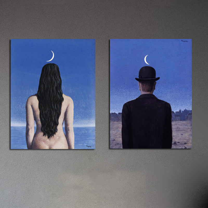 Vivolux | Surrealismus Leinwandkunst Dunkle Farbe Magritte Figur Rückmalerei Wanddekoration für Schlafzimmer