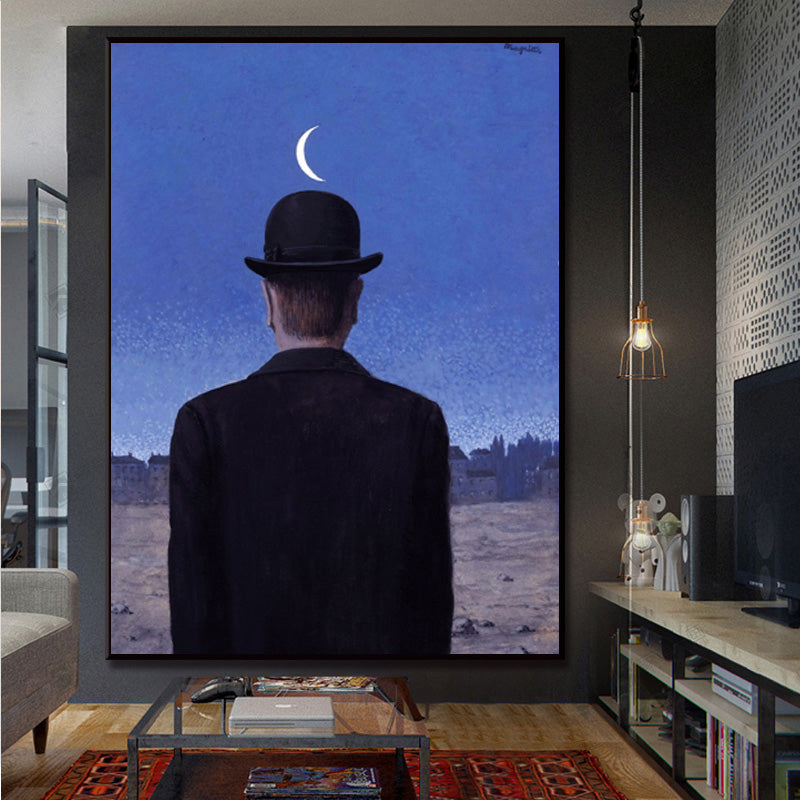 Vivolux | Surrealismus Leinwandkunst Dunkle Farbe Magritte Figur Rückmalerei Wanddekoration für Schlafzimmer