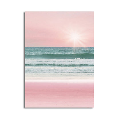 Vivolux | Tropische Meereslandschaft Eingewickelte Leinwand in Pink-Blau Mädchen Schlafzimmer Wandkunst Druck, Strukturiert