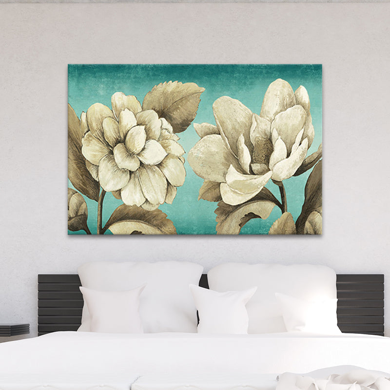 Vivolux | Strukturierte Blumen Malerei Kunstdruck Traditionelle Leinwand Wanddekoration in Weiß für Raum