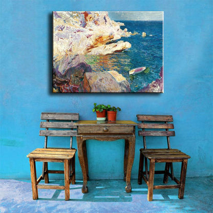 Vivolux | Tropische Ozean Felsen Küste Leinwand Kunst Blau-Weiß Texturiertes Gemälde für das Wohnzimmer