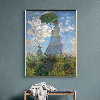 Vivolux | Monet Gemälde Leinwanddruck für Zuhause Frau mit einem Sonnenschirm Wandkunst in Blau, Textur