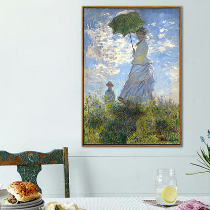 Vivolux | Monet Gemälde Leinwanddruck für Zuhause Frau mit einem Sonnenschirm Wandkunst in Blau, Textur
