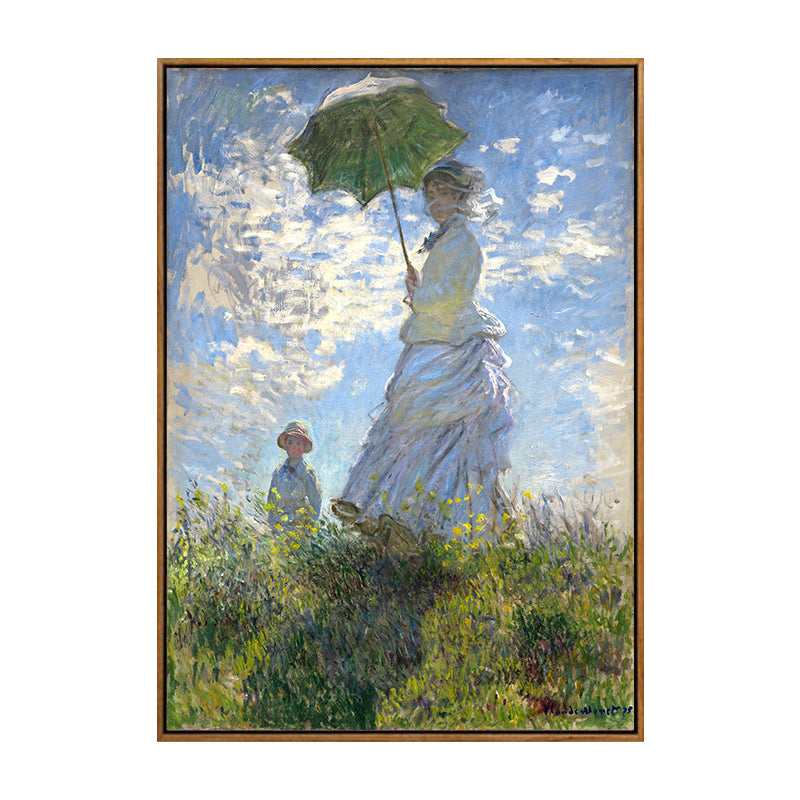 Vivolux | Monet Gemälde Leinwanddruck für Zuhause Frau mit einem Sonnenschirm Wandkunst in Blau, Textur
