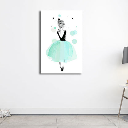 Vivolux | Rückseite der Ballerina Aquarell Leinwand Moderne Texturierte Wandkunst Druck in Grün für das Mädchenzimmer
