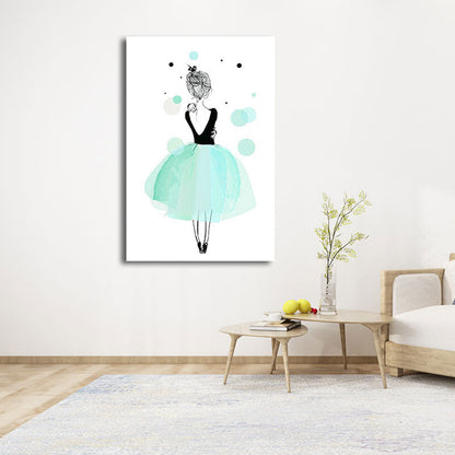 Vivolux | Rückseite der Ballerina Aquarell Leinwand Moderne Texturierte Wandkunst Druck in Grün für das Mädchenzimmer