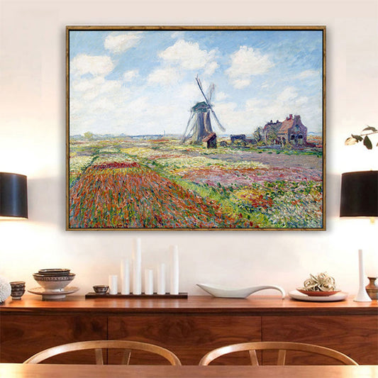 Vivolux | Windmühle und Blumenfeld Leinwand Wandkunst Traditionelles Texturgemälde in Blau