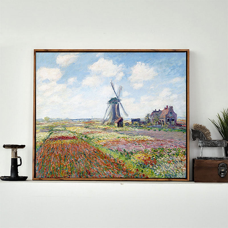 Vivolux | Windmühle und Blumenfeld Leinwand Wandkunst Traditionelles Texturgemälde in Blau