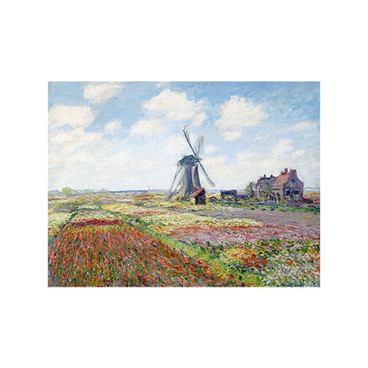 Vivolux | Windmühle und Blumenfeld Leinwand Wandkunst Traditionelles Texturgemälde in Blau