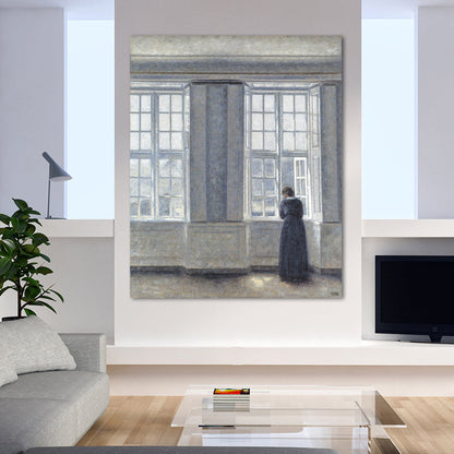 Vivolux | Hammershoi Frau Rückseite Leinwand Kunst Traditionelle Texturierte Oberfläche Wanddekoration in Dunkler Farbe