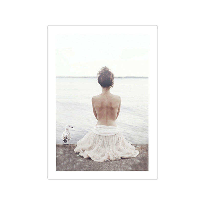 Vivolux | Canvas Weiß Kunstdruck Moderne Morgen Fluss Landschaft mit Mädchen Rücken Wanddekoration für Zuhause