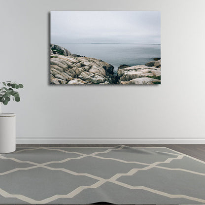 Vivolux | Leinwandtexturierte Wanddekoration Tropische Seascape vom Felsenstrand Kunstdruck in Blau