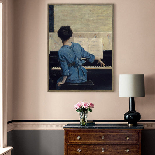 Vivolux | Sitzendes Mädchen und Klavier Gemälde Vintage Stil Leinwand Texturiert Wanddekoration in Blau