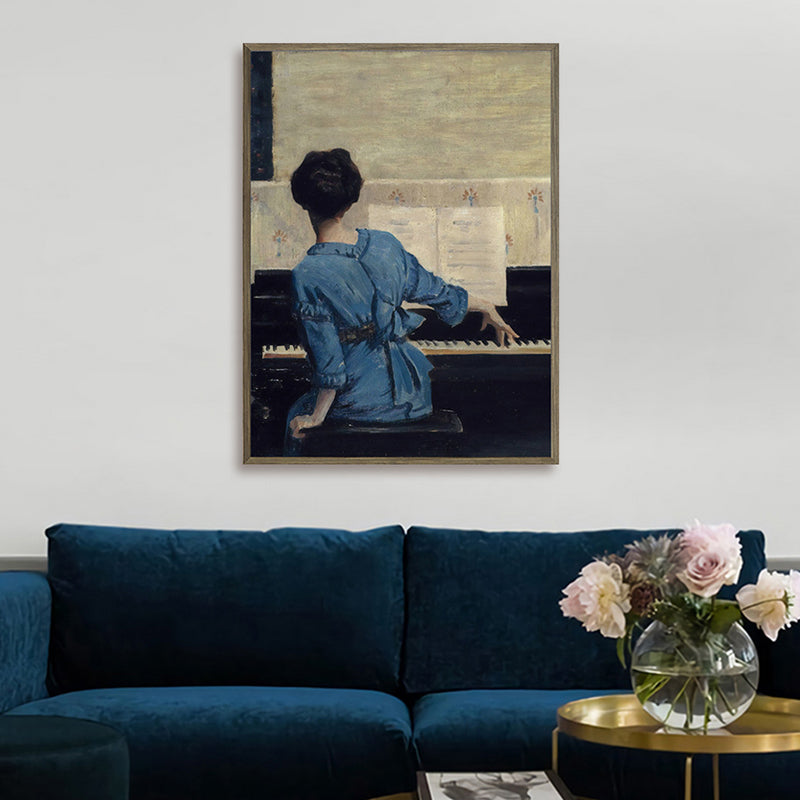Vivolux | Sitzendes Mädchen und Klavier Gemälde Vintage Stil Leinwand Texturiert Wanddekoration in Blau