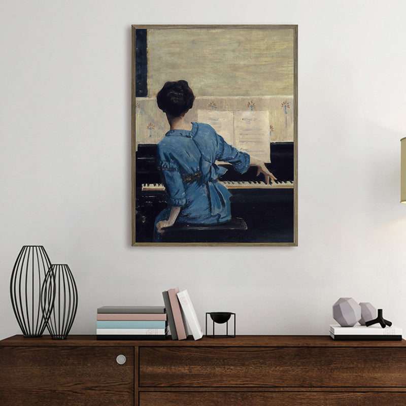 Vivolux | Sitzendes Mädchen und Klavier Gemälde Vintage Stil Leinwand Texturiert Wanddekoration in Blau