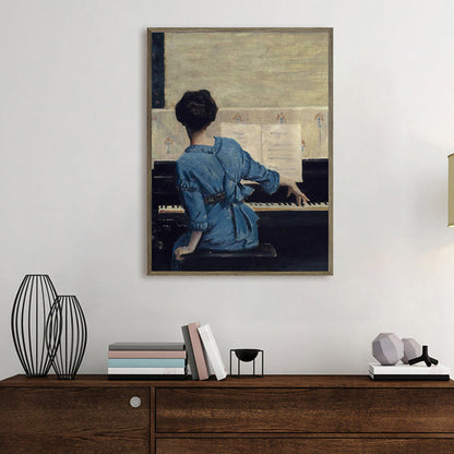 Vivolux | Sitzendes Mädchen und Klavier Gemälde Vintage Stil Leinwand Texturiert Wanddekoration in Blau