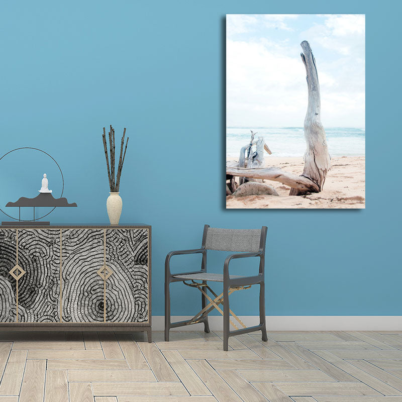 Vivolux | Beach Bare Trunk Seascape Leinwanddruck Tropen Texturiertes Wandkunst in Hellblau
