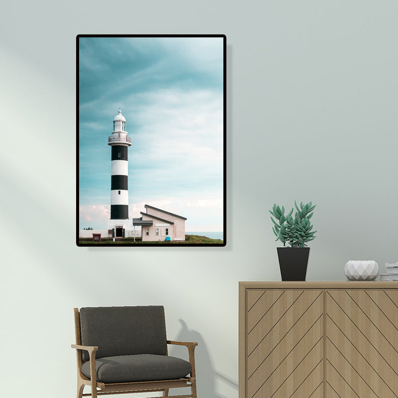 Vivolux | Leuchtturm und Himmel Aussicht Leinwand zeitgenössische strukturierte Wandkunst Druck in Blau und Weiß