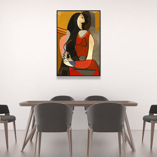Vivolux | Picasso-Stil Sitzende Frau Malerei Traditionelle Leinwand Wandkunst in Rot und Schwarz