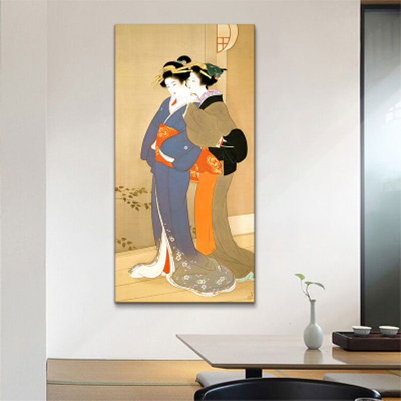Vivolux | Orange Flüsternde Frau Wandkunst Ukiyoe Asiatische Texturierte Canvas-Druck für Gästezimmer