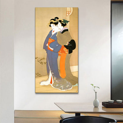 Vivolux | Orange Flüsternde Frau Wandkunst Ukiyoe Asiatische Texturierte Canvas-Druck für Gästezimmer