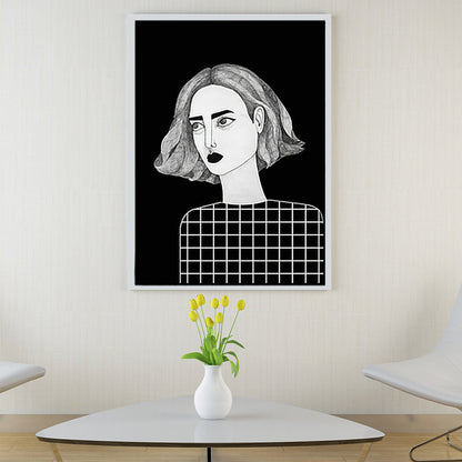 Vivolux | Texturierte schwarze Wandkunst Dekor Skandinavische Illustrationen Frau Leinwanddruck für das Wohnzimmer