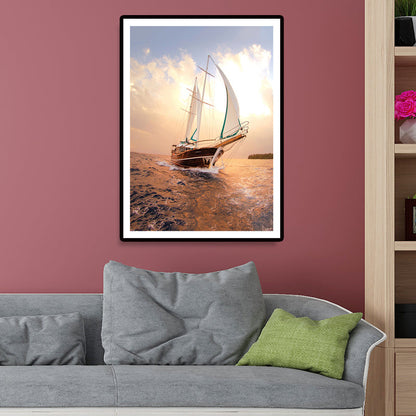 Vivolux | Segelschiff Wandkunst Tropische atemberaubende Meereslandschaft Leinwanddruck in Gold für das Schlafzimmer