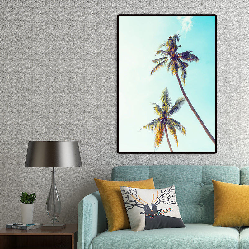 Vivolux | Blaue tropische Leinwandkunst Kokosnuss-Palmen und Himmelblick Wanddekoration für das Wohnzimmer