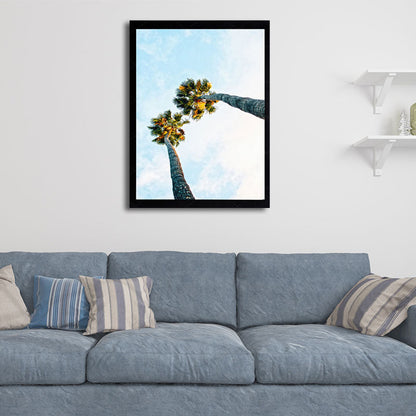 Vivolux | Palm Tree Looking-Up Leinwanddruck Tropische Texturierte Wandkunst in Blau für Zuhause