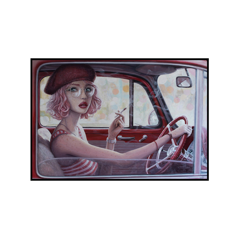Vivolux | Rotes Mädchen Autofahren Malerei Texturierte Oberfläche Traditionelle Esszimmer Wandkunst