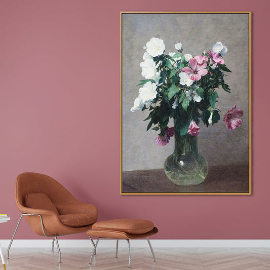 Vivolux | Stillleben Blüte Vase Malerei Traditionelle Leinwand Wandkunst Dekor in Grün auf Grau