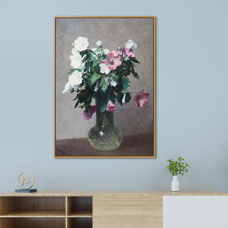 Vivolux | Stillleben Blüte Vase Malerei Traditionelle Leinwand Wandkunst Dekor in Grün auf Grau