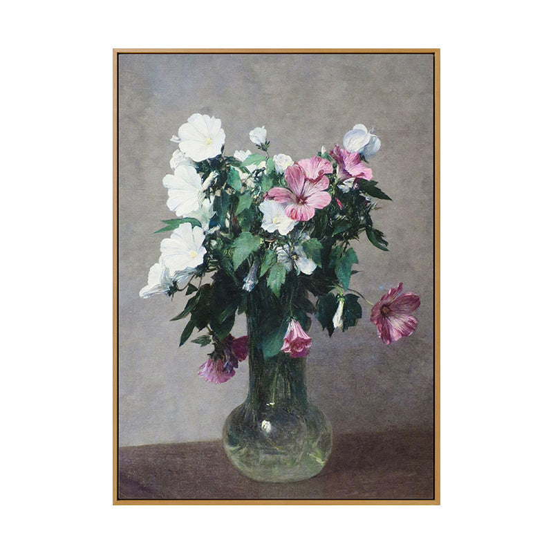 Vivolux | Stillleben Blüte Vase Malerei Traditionelle Leinwand Wandkunst Dekor in Grün auf Grau
