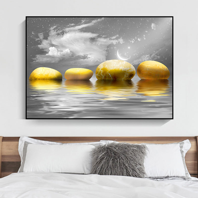 Vivolux | Big Pebbles Wandkunstdruck Glam Magische Nacht Meerlandschaft Leinwand in Gold für Schlafzimmer