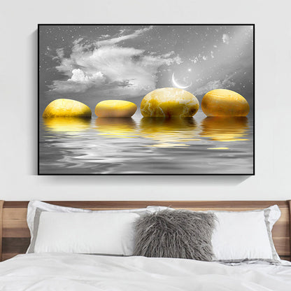 Vivolux | Big Pebbles Wandkunstdruck Glam Magische Nacht Meerlandschaft Leinwand in Gold für Schlafzimmer