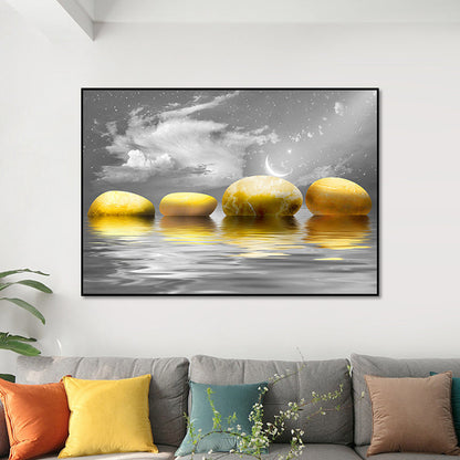 Vivolux | Big Pebbles Wandkunstdruck Glam Magische Nacht Meerlandschaft Leinwand in Gold für Schlafzimmer